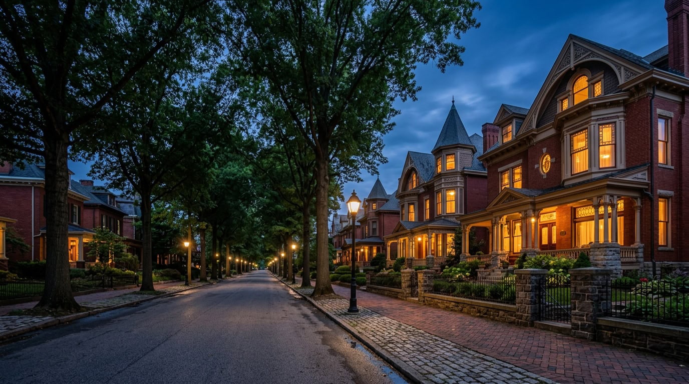Allentown, PA — Allentown — West Park Historic District brick Federal estate at twilight under mature canopy.