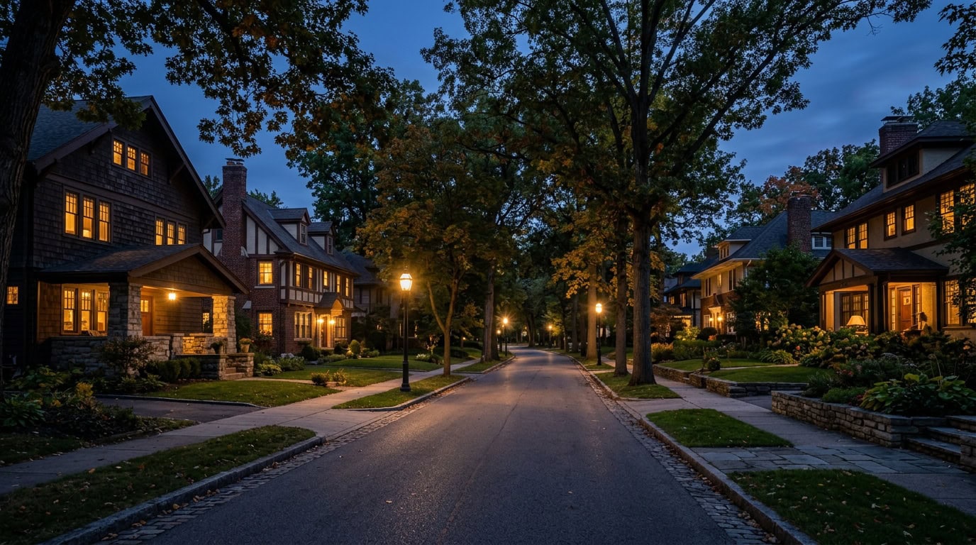 Ann Arbor, MI — Burns Park at twilight — Craftsman and Colonial Revival estate homes with period gas-lantern streetscape.
