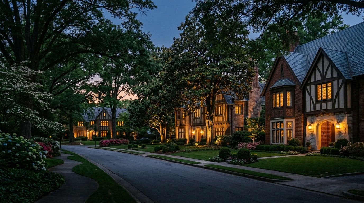Atlanta, GA — Atlanta Buckhead — mature dogwood and magnolia canopy over residential streets at twilight.