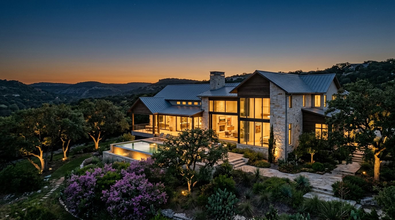 Austin, TX — Austin Westlake Hills — limestone vernacular estate at twilight with Texas Hill Country topography.