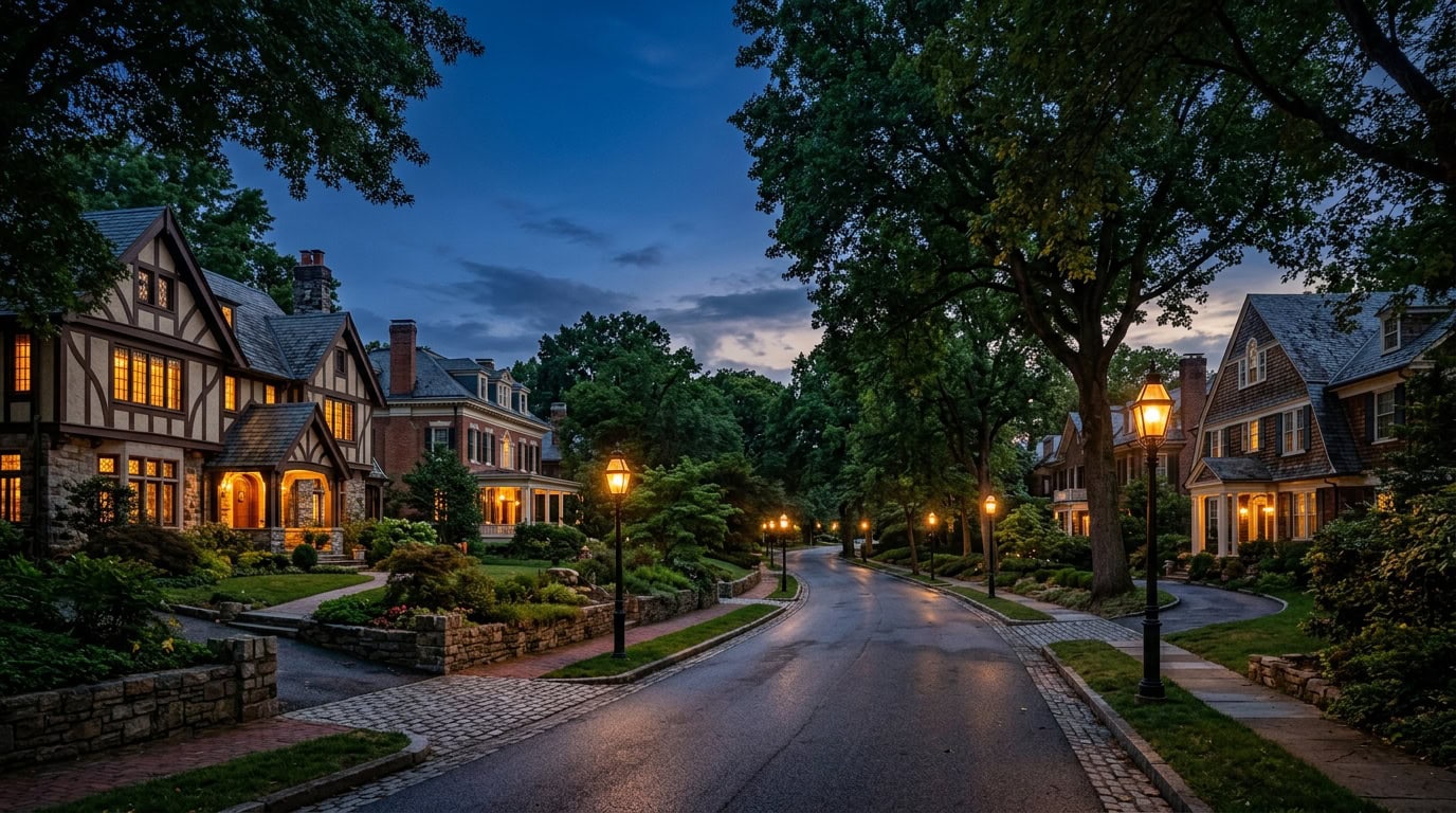 Baltimore, MD — Roland Park at twilight — Victorian and Tudor estate homes with mature canopy.