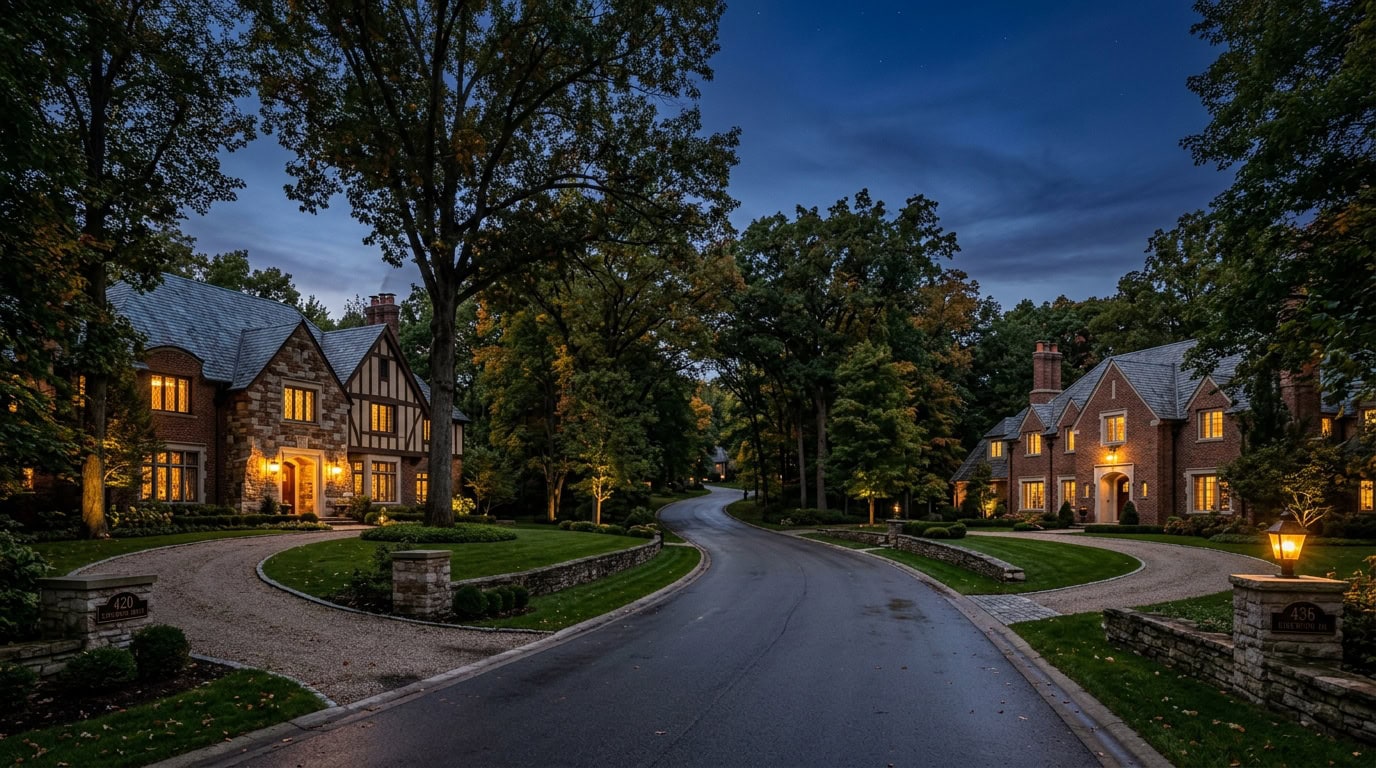 Bloomfield Hills, MI — Bloomfield Hills at twilight — English Country and Tudor estate homes on 1+ acre wooded lots.