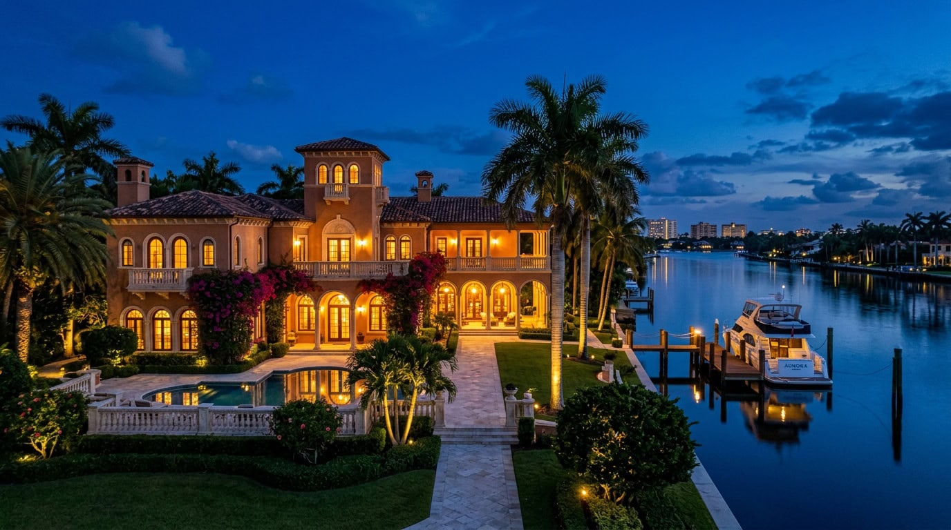Boca Raton, FL — Boca Raton Royal Palm — Mediterranean Revival mansion at twilight with mature royal palm canopy and Atlantic backdrop.