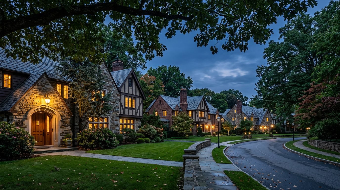 Bryn Mawr, PA — Bryn Mawr at twilight — stone and brick Tudor estate homes with mature canopy along the Main Line.