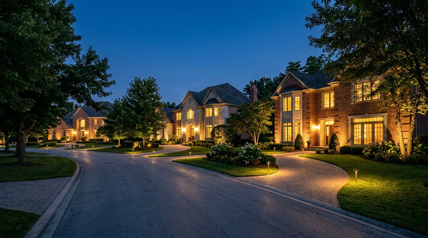 Burr Ridge, IL — A wooded Burr Ridge residential street at twilight — typical executive estate scale.