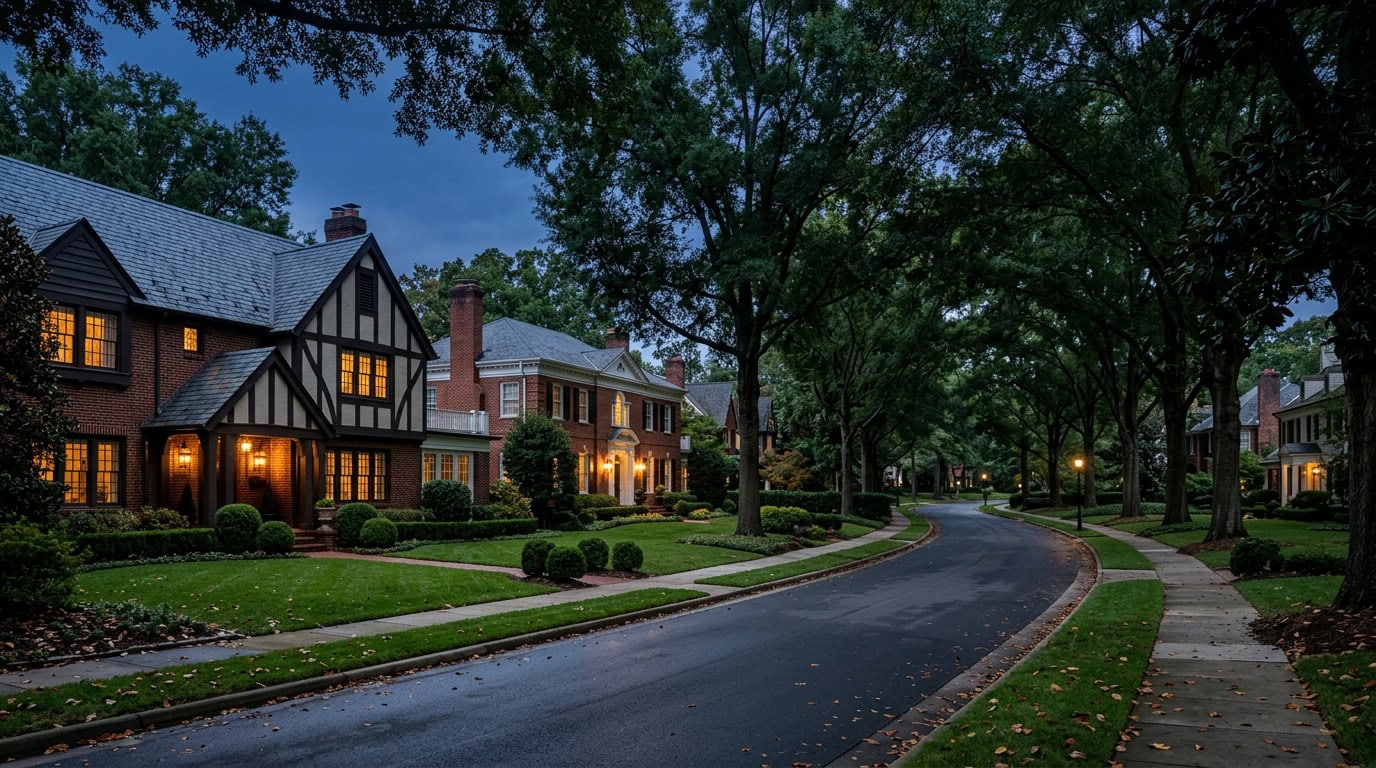 Charlotte, NC — Myers Park at twilight — brick Tudor and Colonial Revival estate homes under mature hardwood canopy.