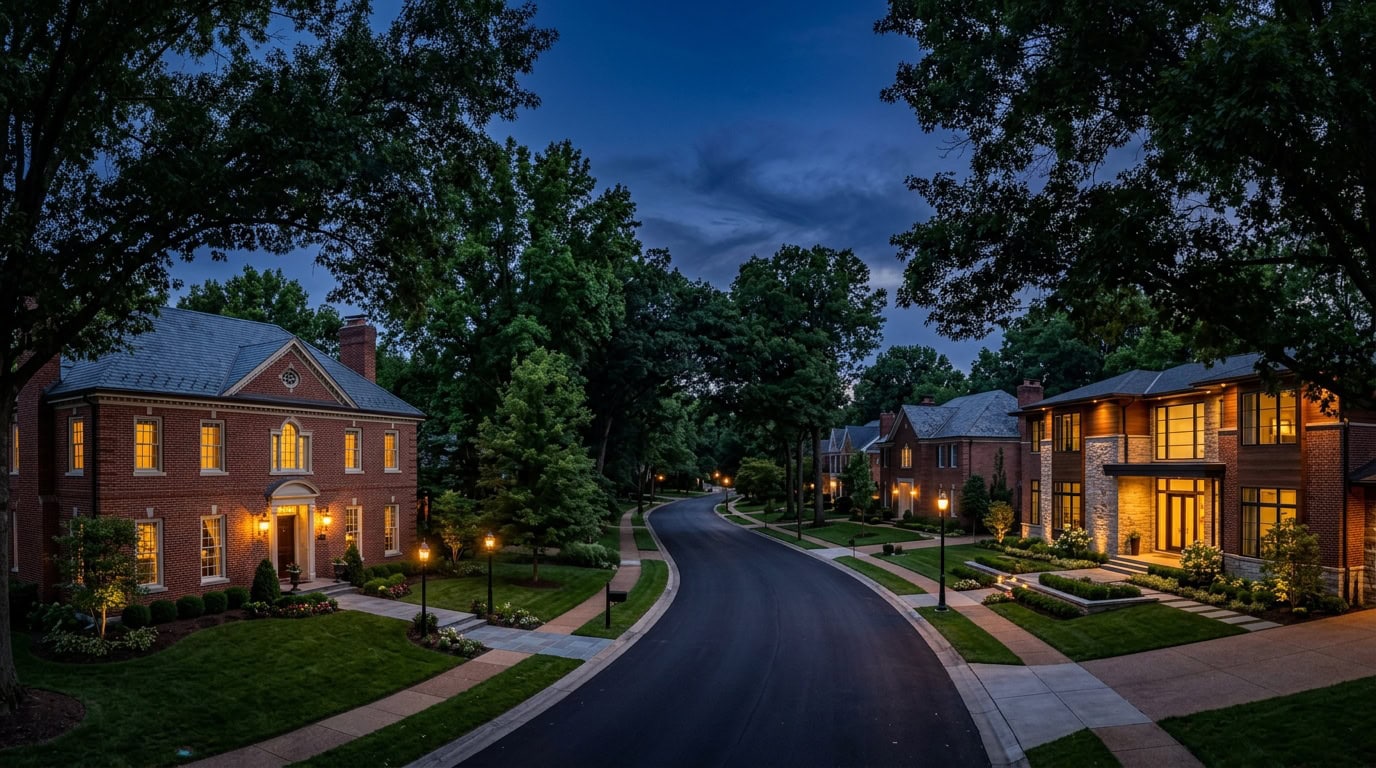 Chesterfield, MO — Chesterfield at twilight — brick Colonial Revival and contemporary estate homes with mature canopy.