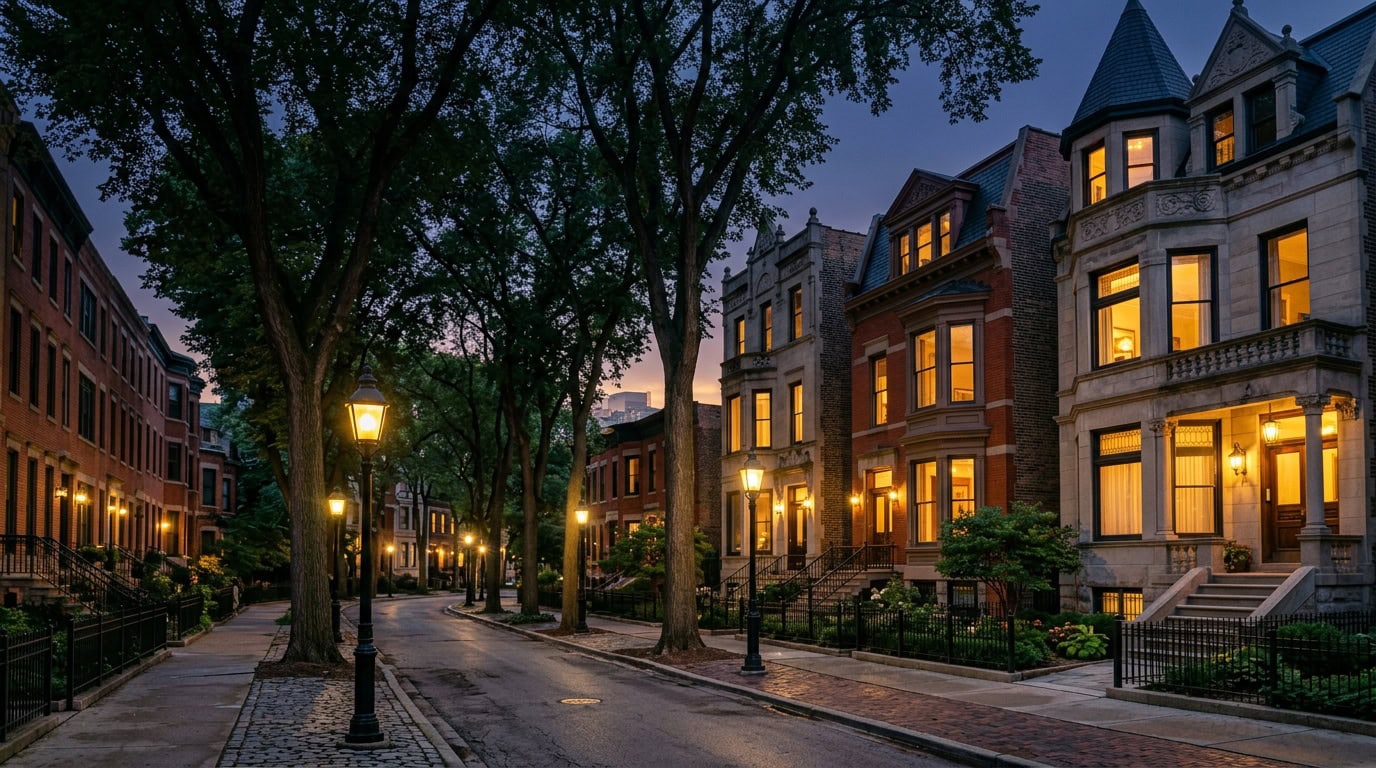 Chicago, IL — An affluent Chicago Lincoln Park residential street — greystone single-family homes at twilight.