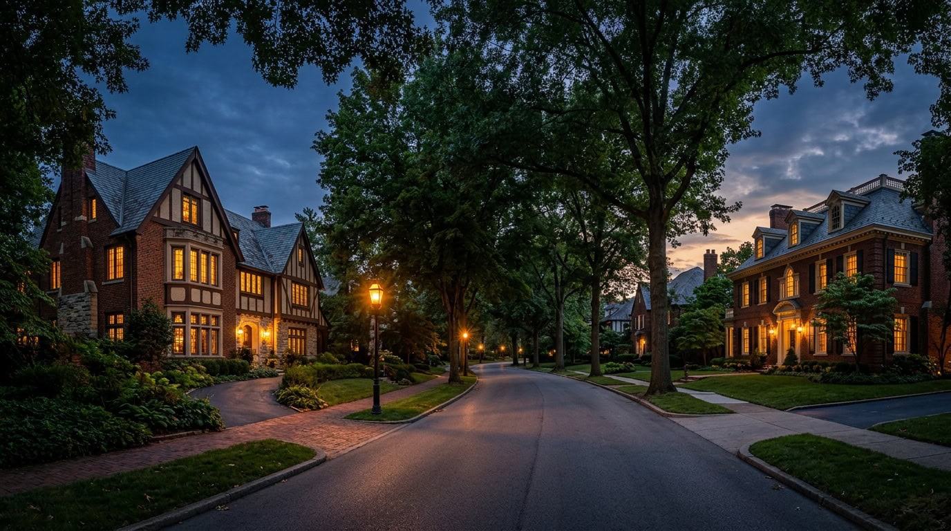 Cincinnati, OH — Cincinnati — Hyde Park brick Tudor estate at twilight with mature canopy.