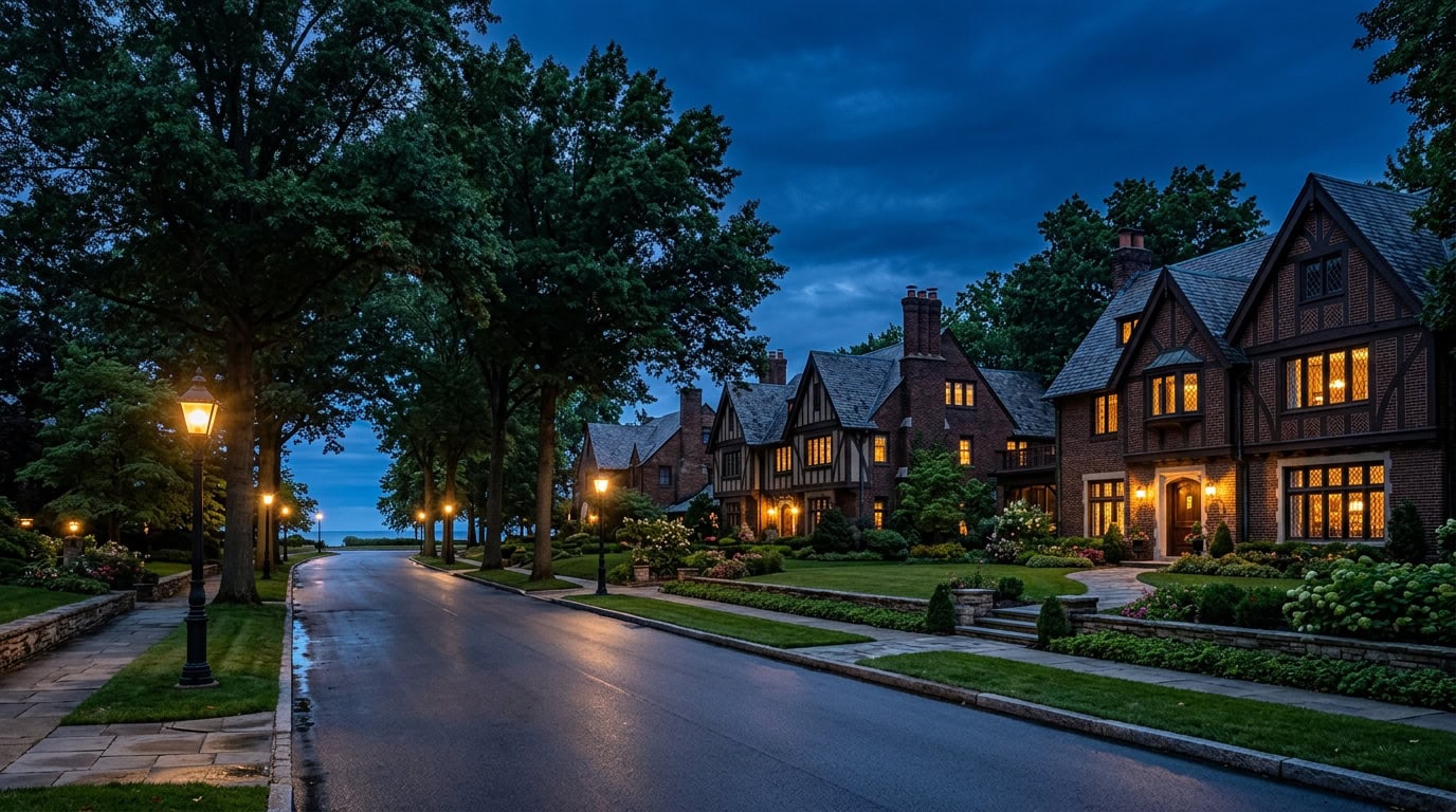 Cleveland, OH — Shaker Heights at twilight — brick Tudor estate homes with mature canopy.