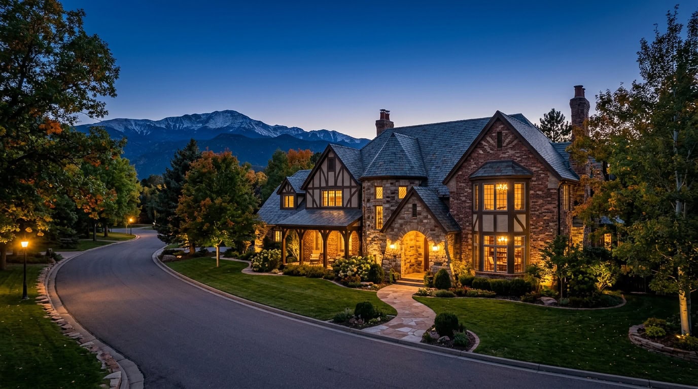 Colorado Springs, CO — Colorado Springs — Broadmoor area estate at twilight with Pikes Peak silhouette.