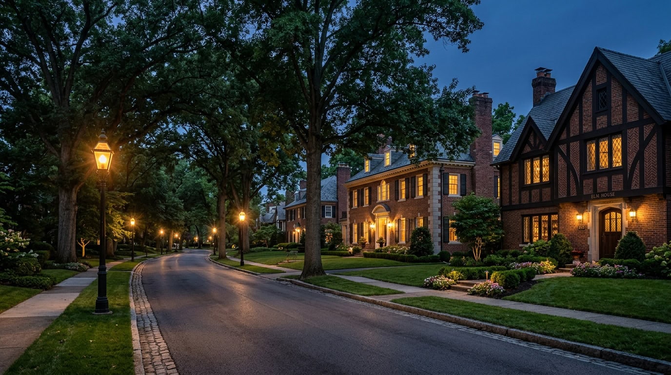 Columbus, OH — Bexley at twilight — brick Tudor and Federal Revival estate homes with mature canopy.