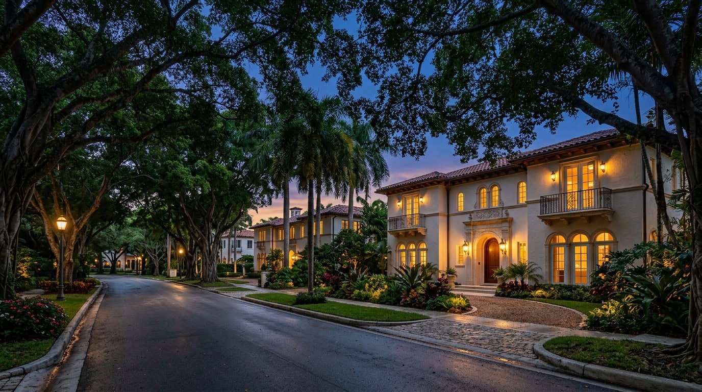 Coral Gables, FL — Coral Gables at twilight — Mediterranean Revival estate homes under mature banyan and royal palm canopy.