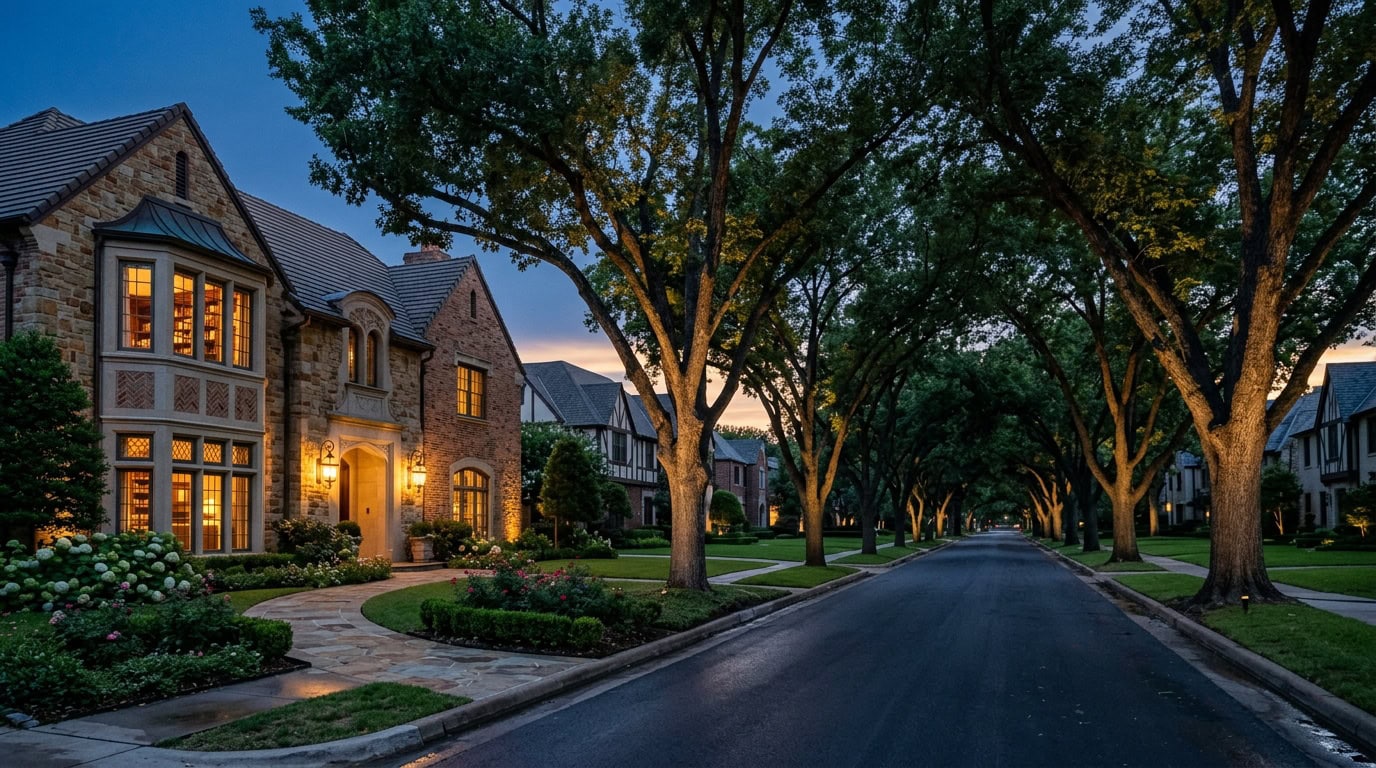 Dallas, TX — Dallas Highland Park — 1920s Mediterranean Revival mansion at twilight on a mature pecan-canopy street.