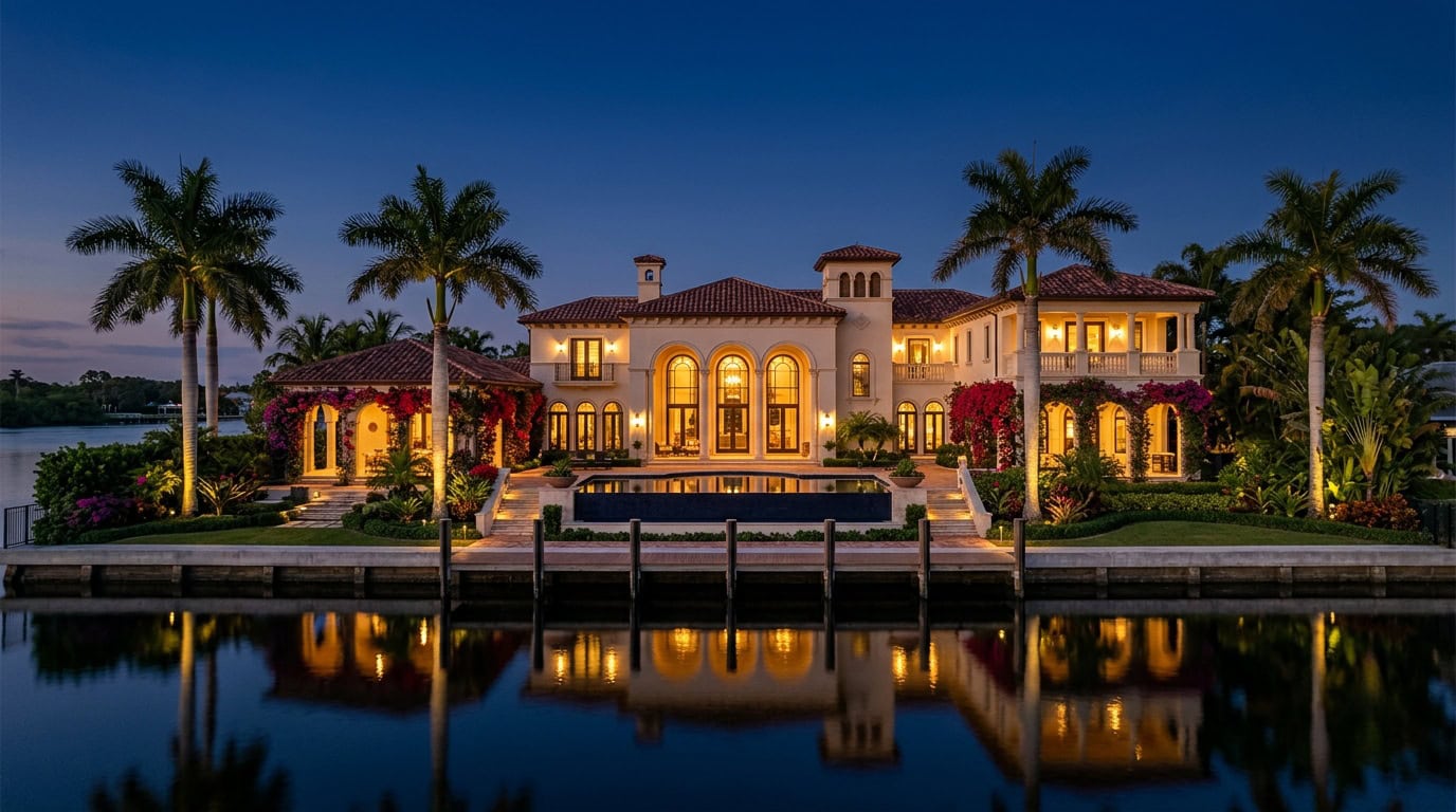 Delray Beach, FL — Delray Beach — Atlantic-side Mediterranean Revival estate with royal palms at twilight.