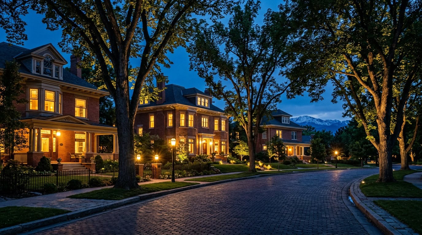 Denver, CO — Denver Cherry Creek — affluent residential streets at twilight with Front Range mountain backdrop.