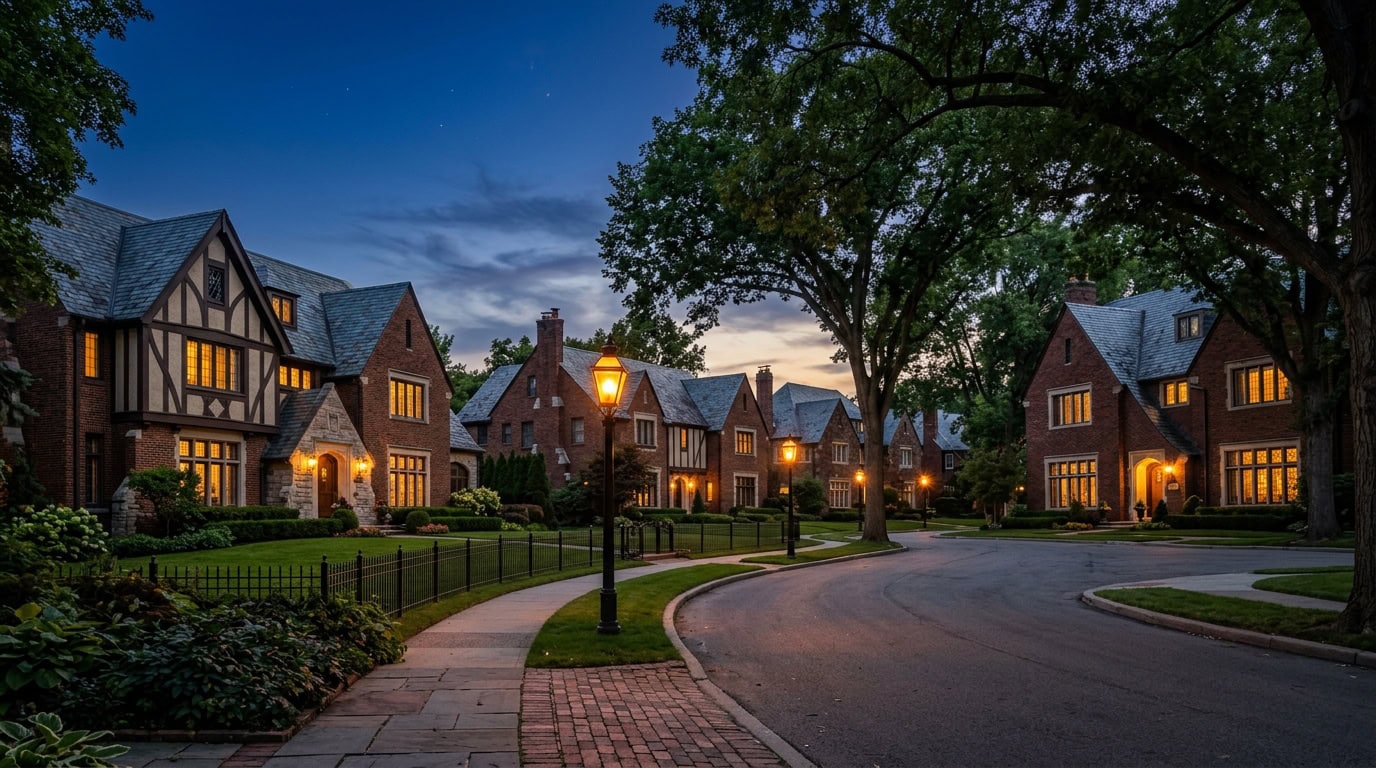 Detroit, MI — Indian Village at twilight — brick Tudor and Colonial Revival estate homes with mature canopy.