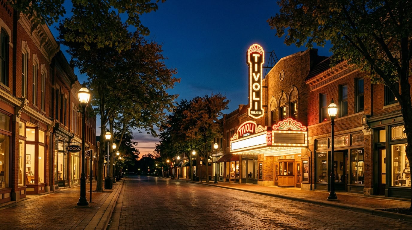 Downers Grove, IL — Downtown Downers Grove — the historic Tivoli Theater marquee anchoring Main Street at twilight.