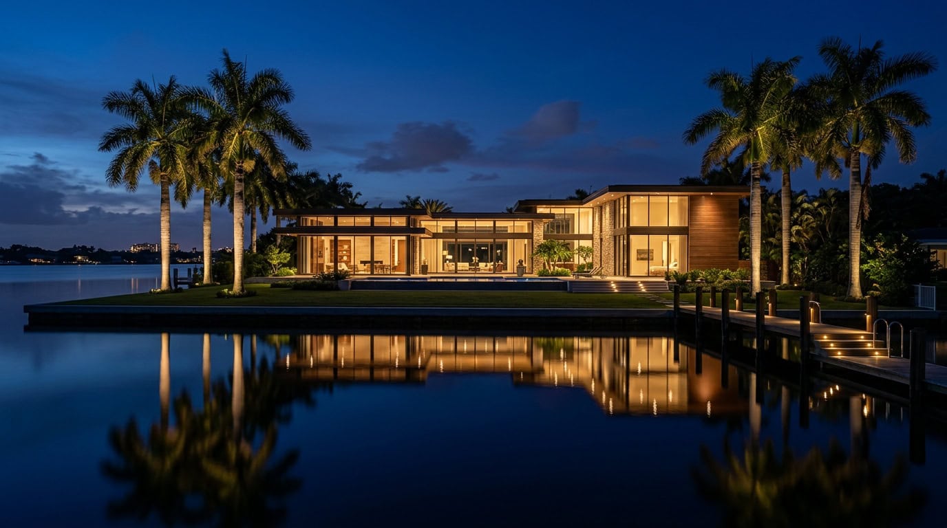 Edgewater, FL — Edgewater — waterfront mid-century modern estate with royal palms at twilight along the Indian River.