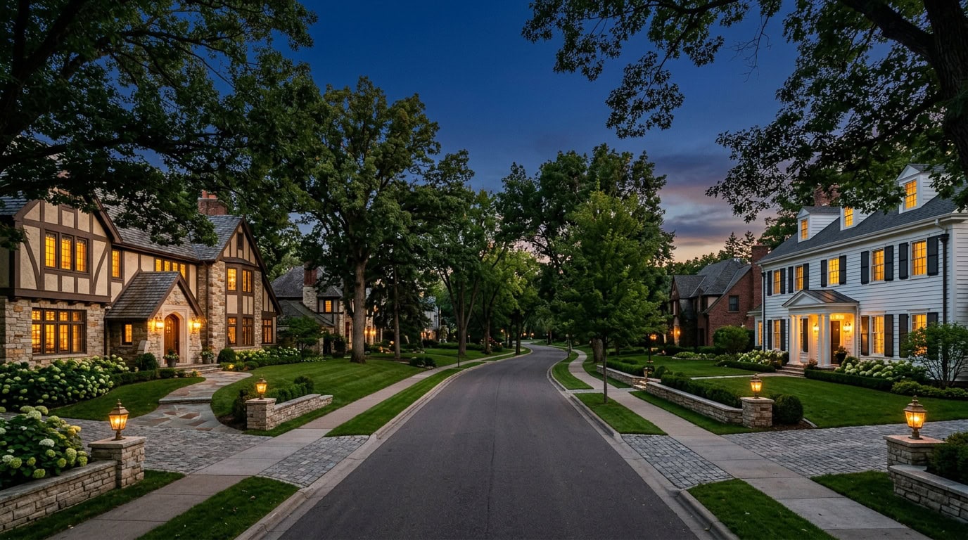 Edina, MN — Country Club District at twilight — Tudor and Colonial Revival estate homes with light snow.