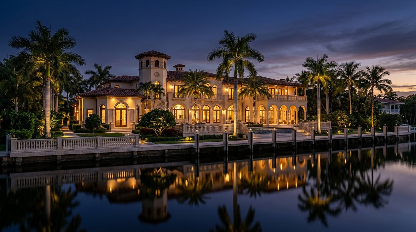 Fort Lauderdale, FL — Fort Lauderdale — Las Olas Isles waterfront Mediterranean Revival estate at twilight with Intracoastal reflection.