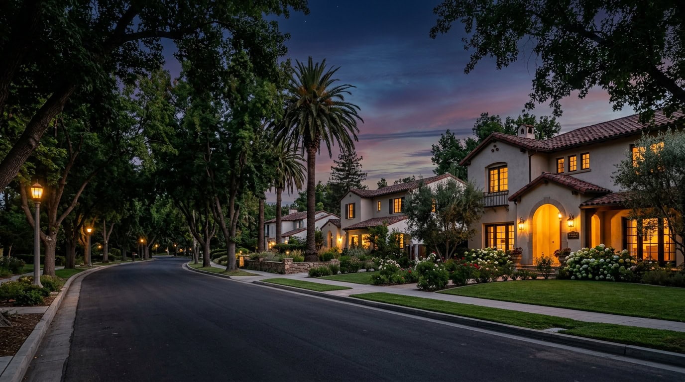 Fresno, CA — Old Fig Garden at twilight — Mediterranean Revival and Ranch estate homes under mature fig and palm canopy.