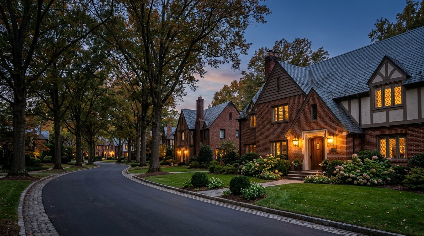 Greensboro, NC — Irving Park at twilight — brick Tudor estate homes under mature hardwood canopy.