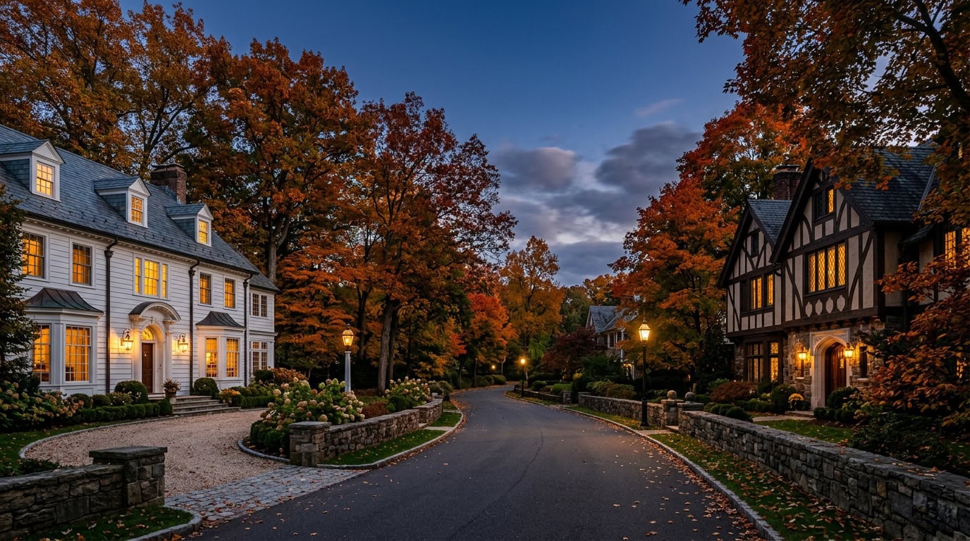 Greenwich, CT — Belle Haven at twilight — Colonial Revival estate homes with mature New England canopy and Long Island Sound backdrop.