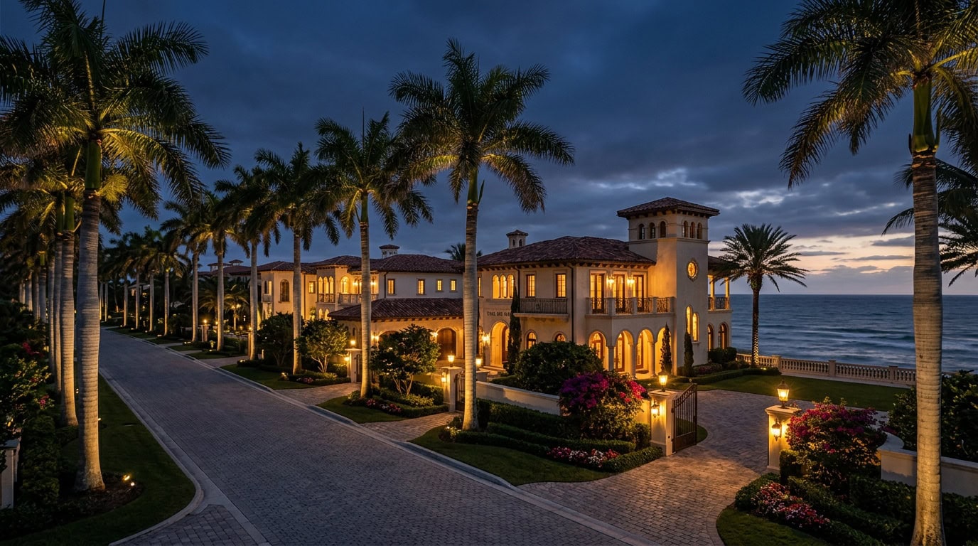 Highland Beach, FL — Highland Beach at twilight — Mediterranean Revival estate homes with royal palms and Atlantic Ocean backdrop.