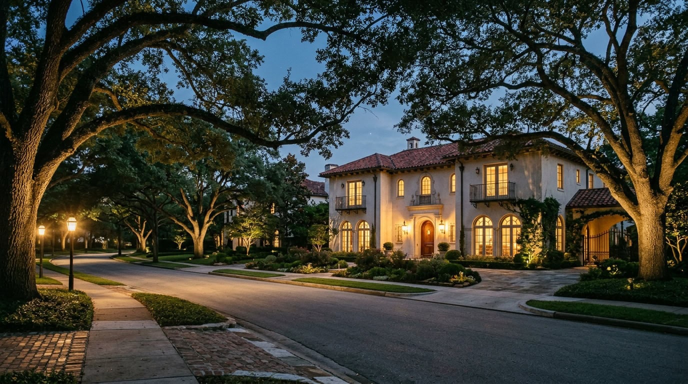 Houston, TX — Houston River Oaks — mature live oak canopy over Spanish Mediterranean estates at twilight.