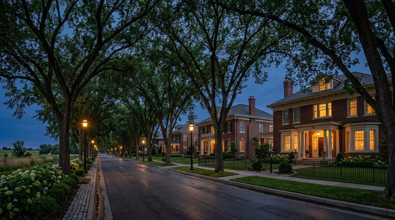 Hutchinson, KS — Hutchinson — Hyde Park residential street with Federal brick estate at twilight.