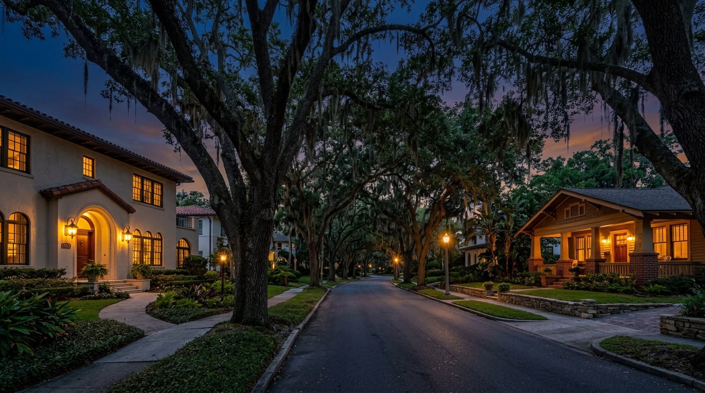 Hyde Park Tampa, FL — Hyde Park at twilight — Mediterranean Revival and Craftsman bungalow estate homes under mature live oak canopy.
