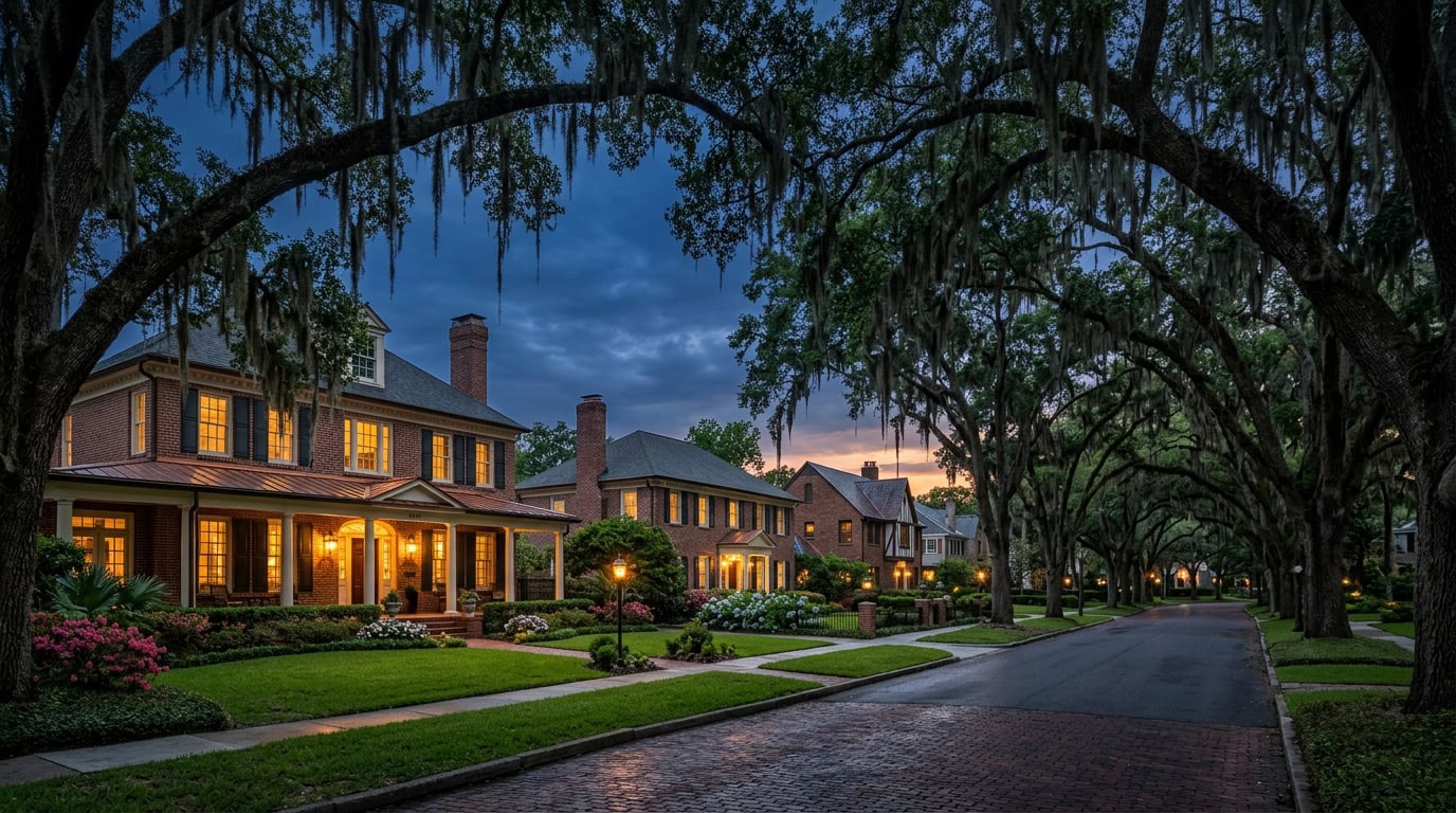 Jacksonville, FL — Avondale at twilight — Southern brick estate homes under mature live oak canopy with Spanish moss.