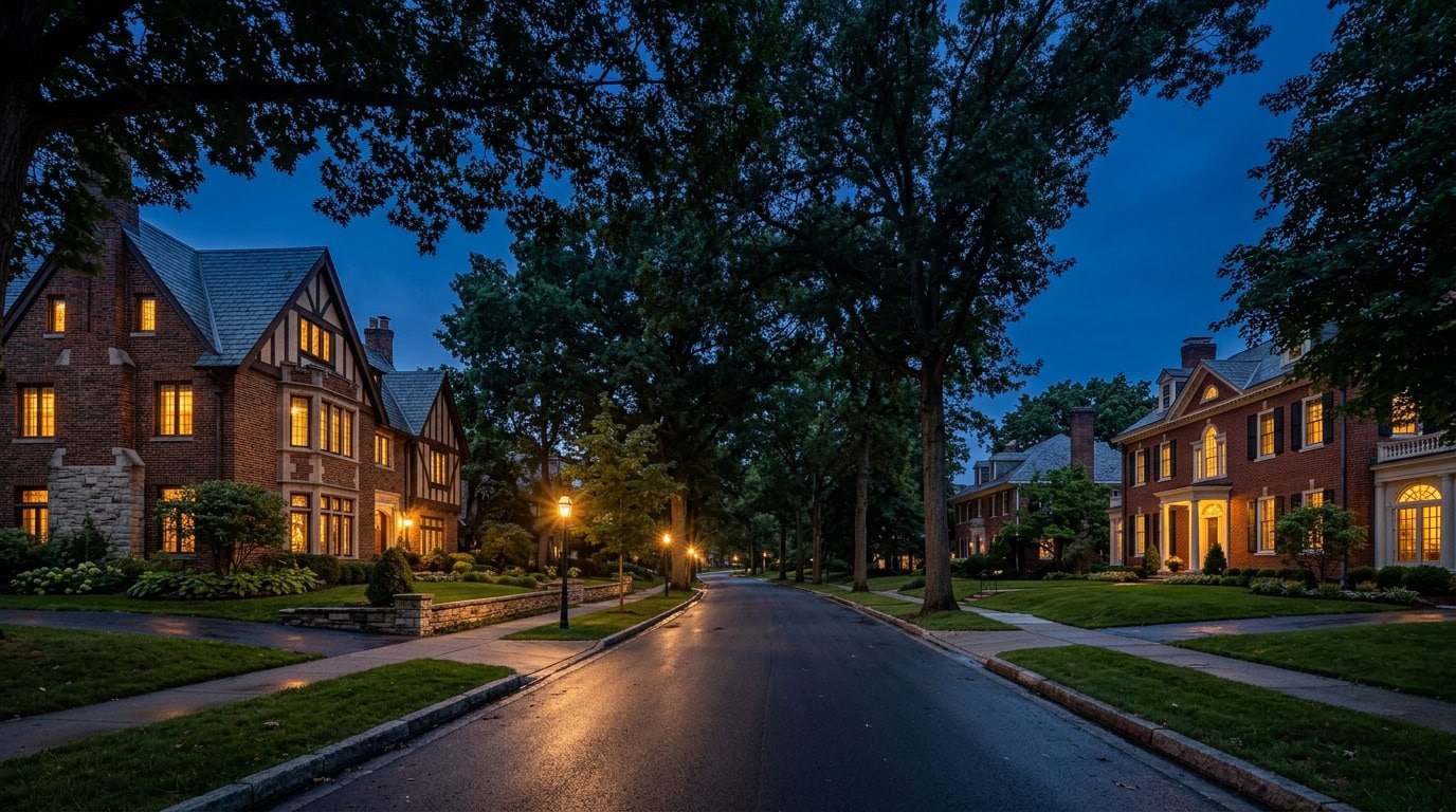 Kalamazoo, MI — Kalamazoo — Winchell residential corridor with brick Tudor estate at twilight under mature canopy.