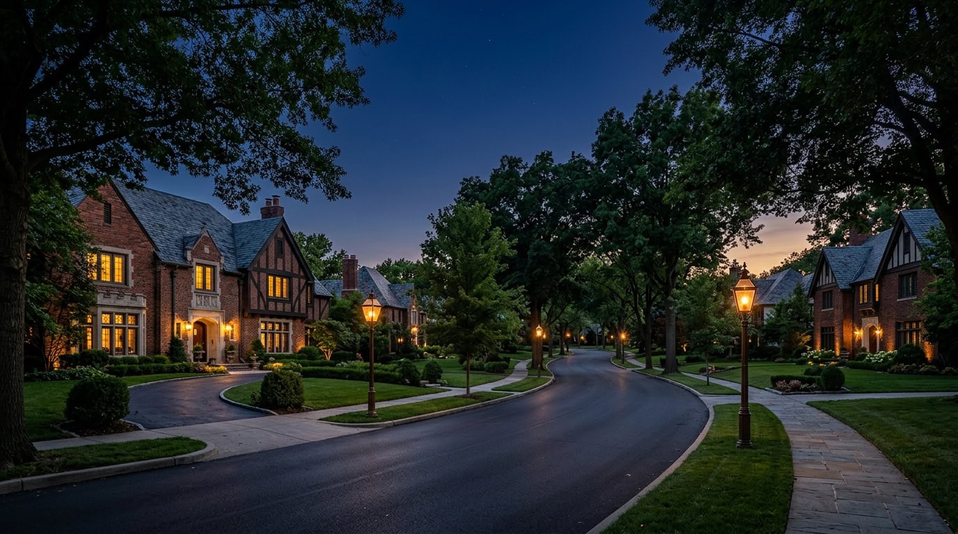 Kansas City, MO — Mission Hills at twilight — brick Tudor estate homes with period streetscape (across the line in KS).