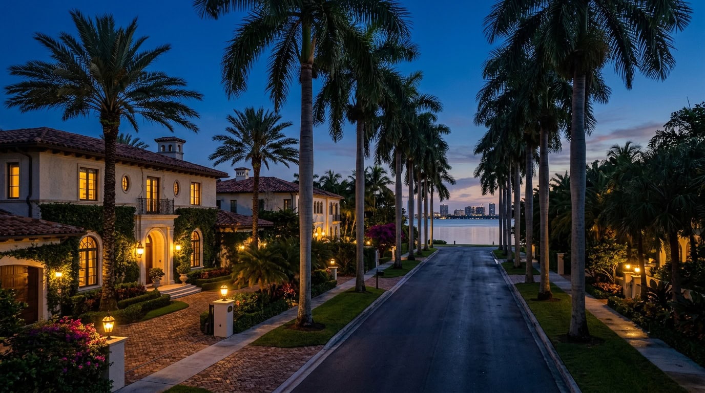 Key Biscayne, FL — Key Biscayne at twilight — Mediterranean Revival waterfront estate homes with royal palm canopy and Atlantic backdrop.
