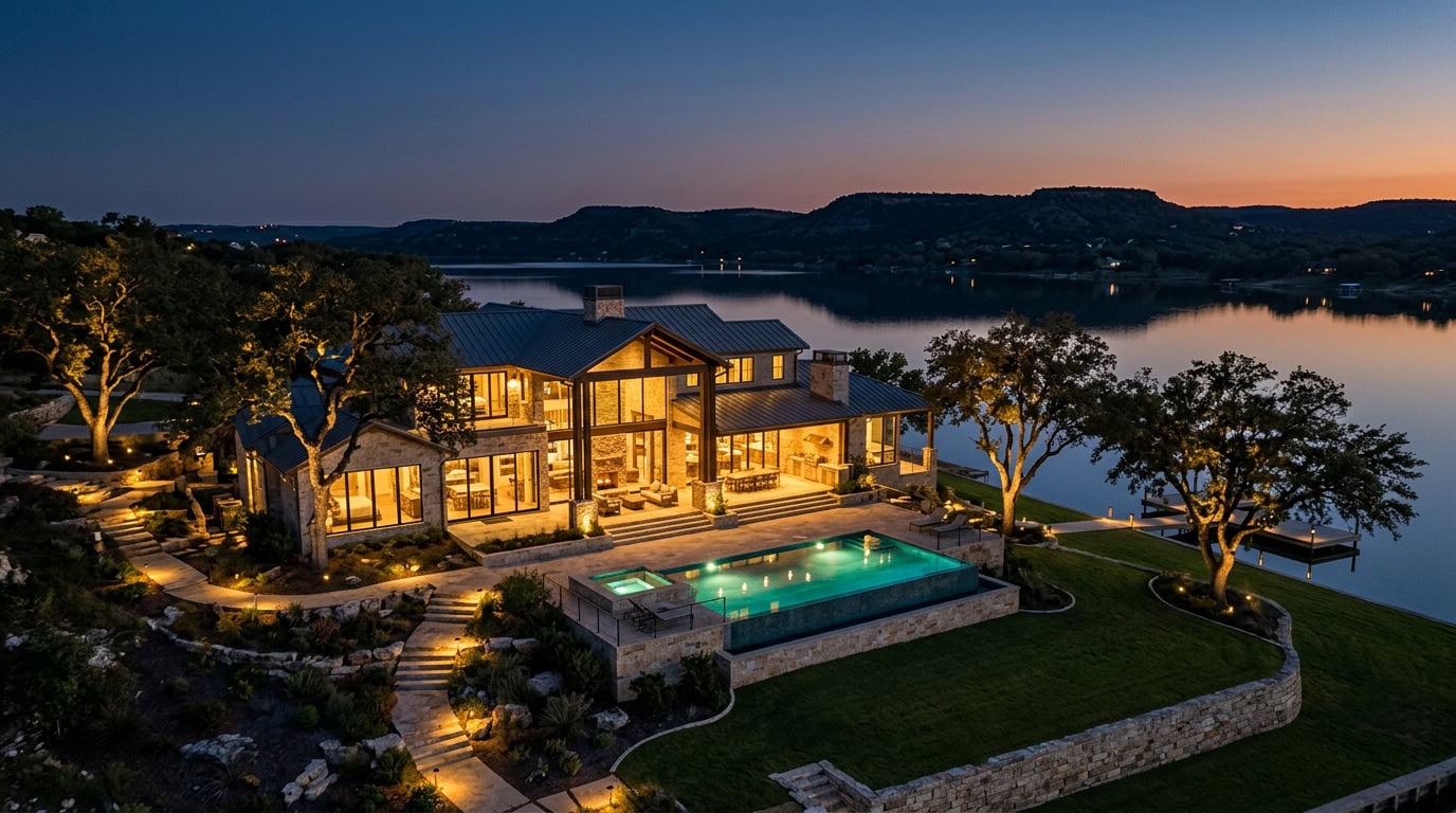 Kingsland, TX — Kingsland — Hill Country lakefront estate with limestone vernacular at twilight along Lake LBJ.