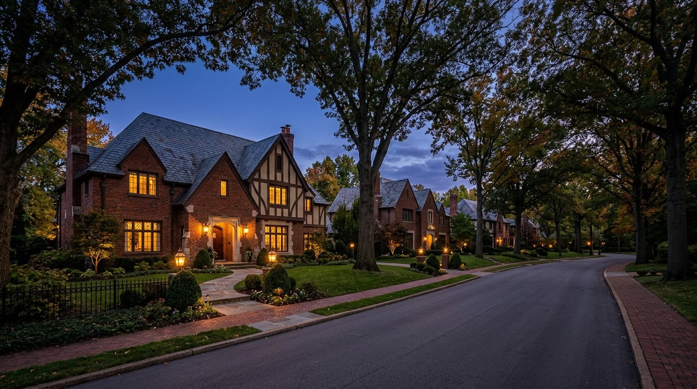Ladue, MO — Ladue at twilight — brick Tudor estate homes on 1+ acre lots with mature canopy.