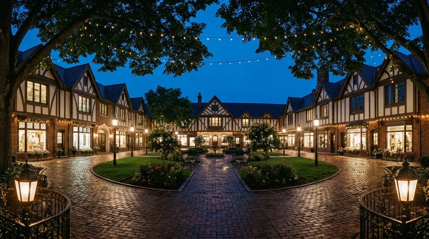 Lake Forest, IL — Lake Forest's Market Square — the 1916 first planned shopping district in the US at twilight.