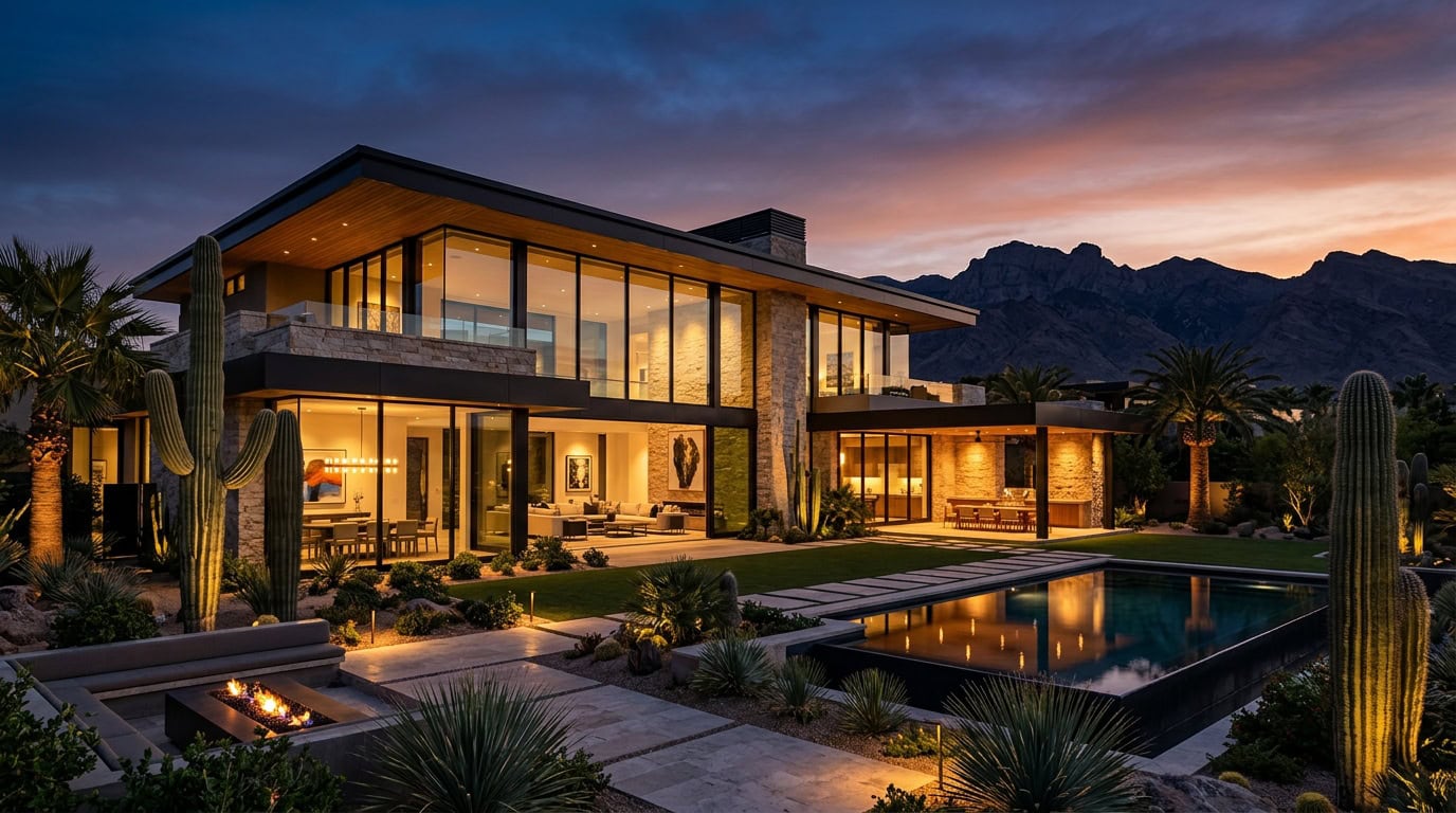 Las Vegas, NV — Las Vegas — upscale Summerlin desert modern estate at twilight with Spring Mountains backdrop.