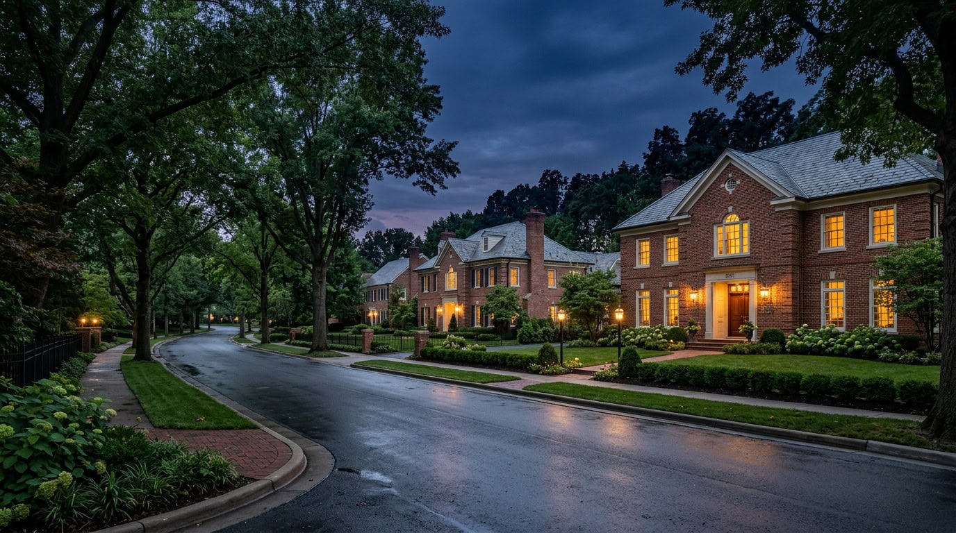 Leawood, KS — Leawood at twilight — brick Colonial Revival estate homes with mature canopy.