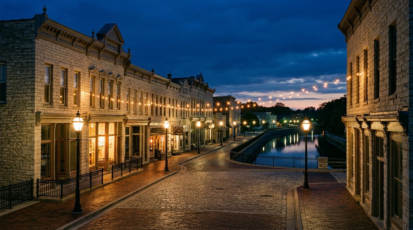 Lemont, IL — Historic Lemont — the limestone-quarried downtown district along the Des Plaines River canal at twilight.