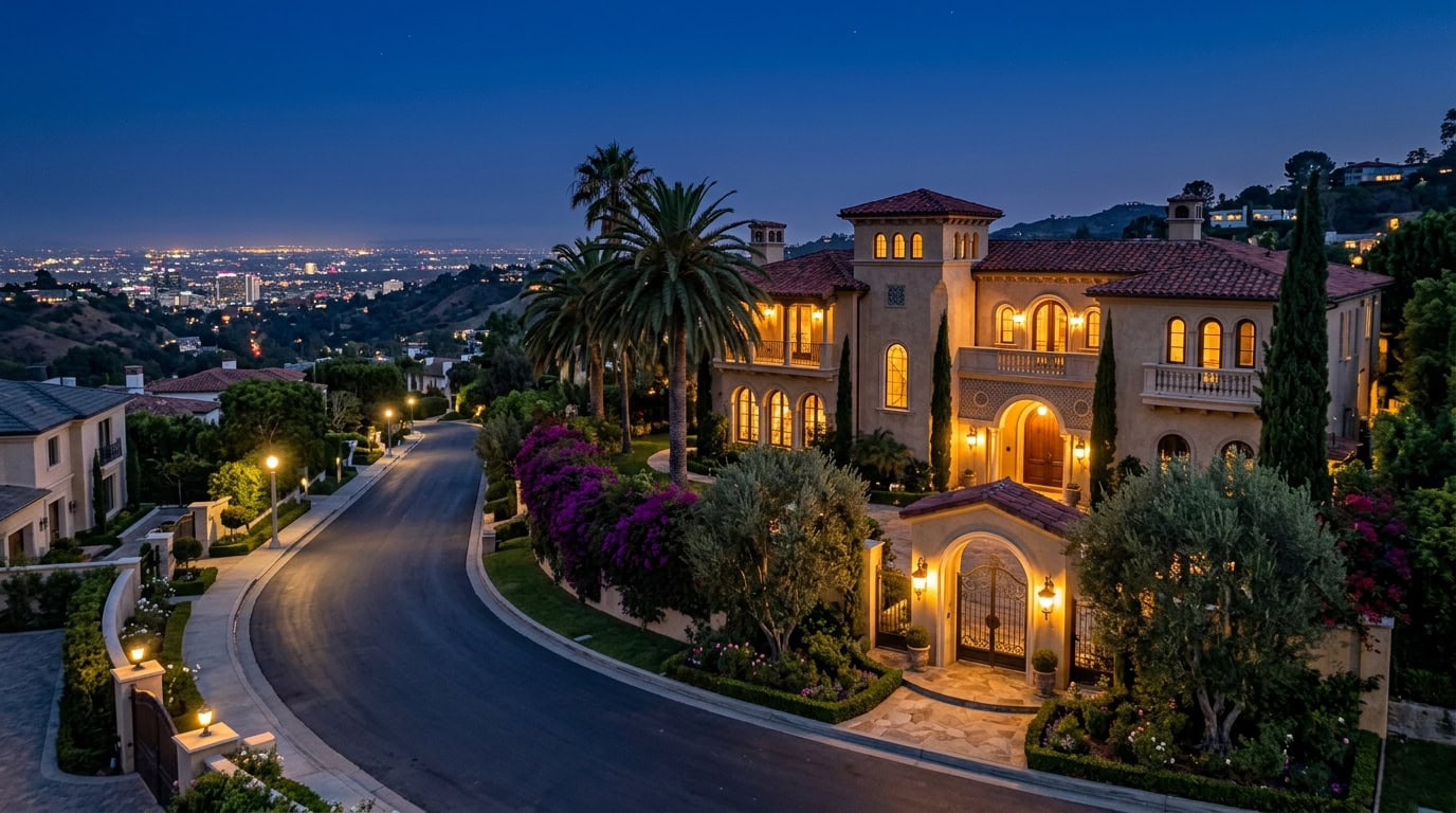 Los Angeles, CA — Los Angeles — Spanish Mediterranean Revival estate with mature palms in an upscale hillside neighborhood at twilight.