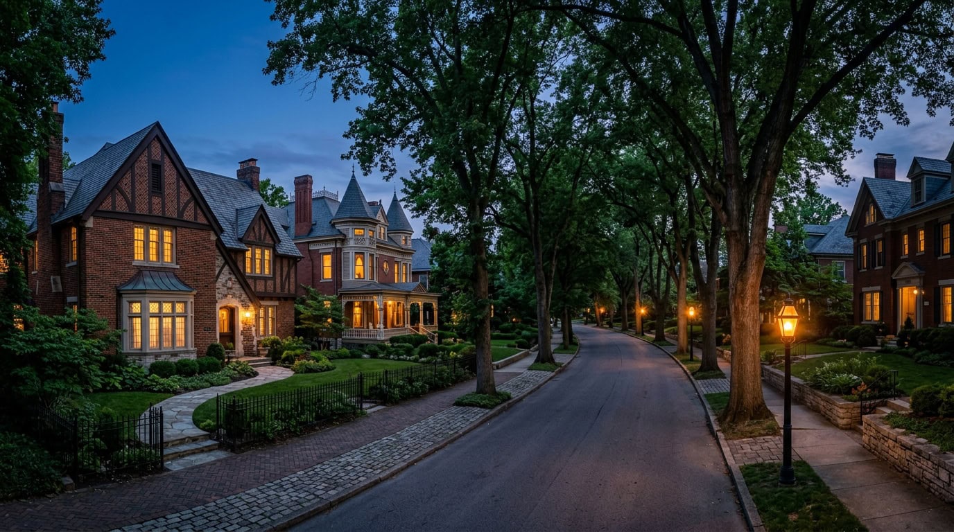 Louisville, KY — Cherokee Triangle at twilight — brick Tudor and Victorian estate homes with mature canopy.