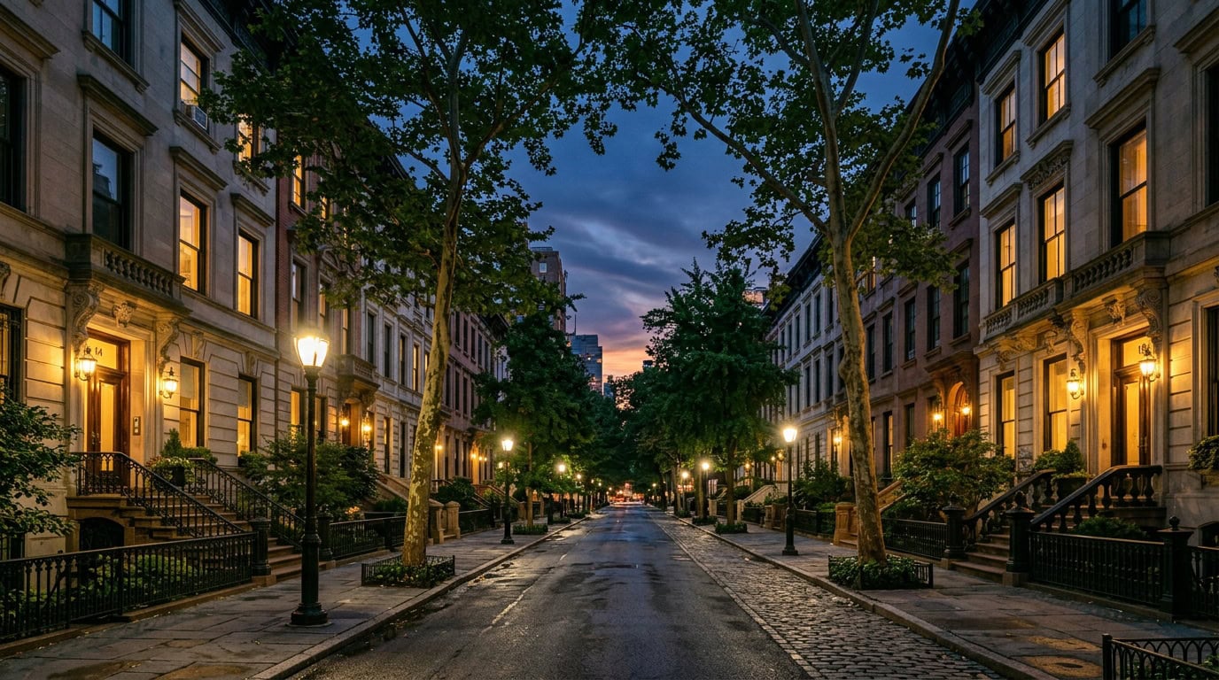 Manhattan, NY — Upper East Side at twilight — limestone and brick brownstones with period gas-lantern streetscape.