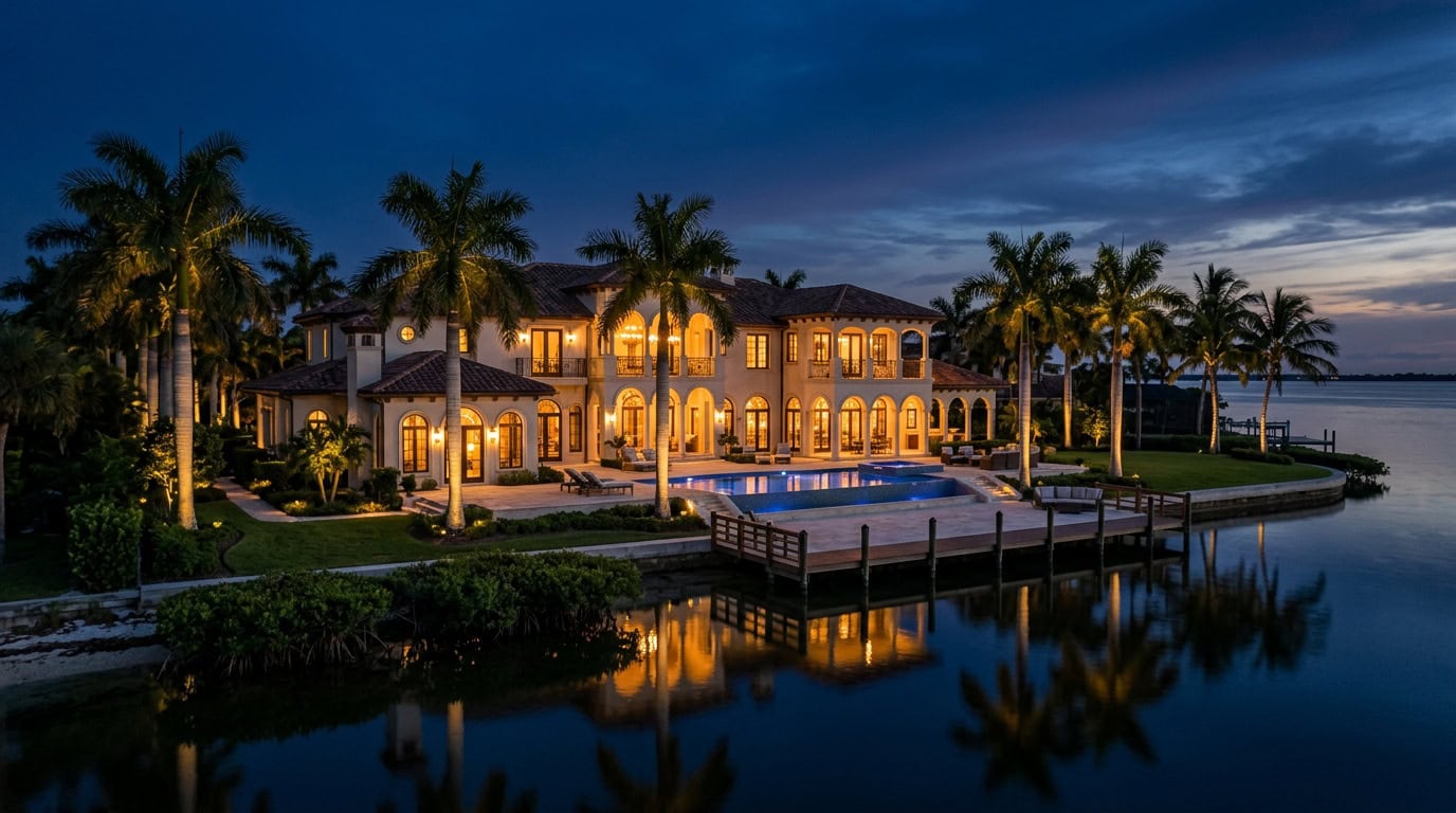 Marco Island, FL — Marco Island — Gulf Coast waterfront Mediterranean Revival estate with royal palms at twilight.