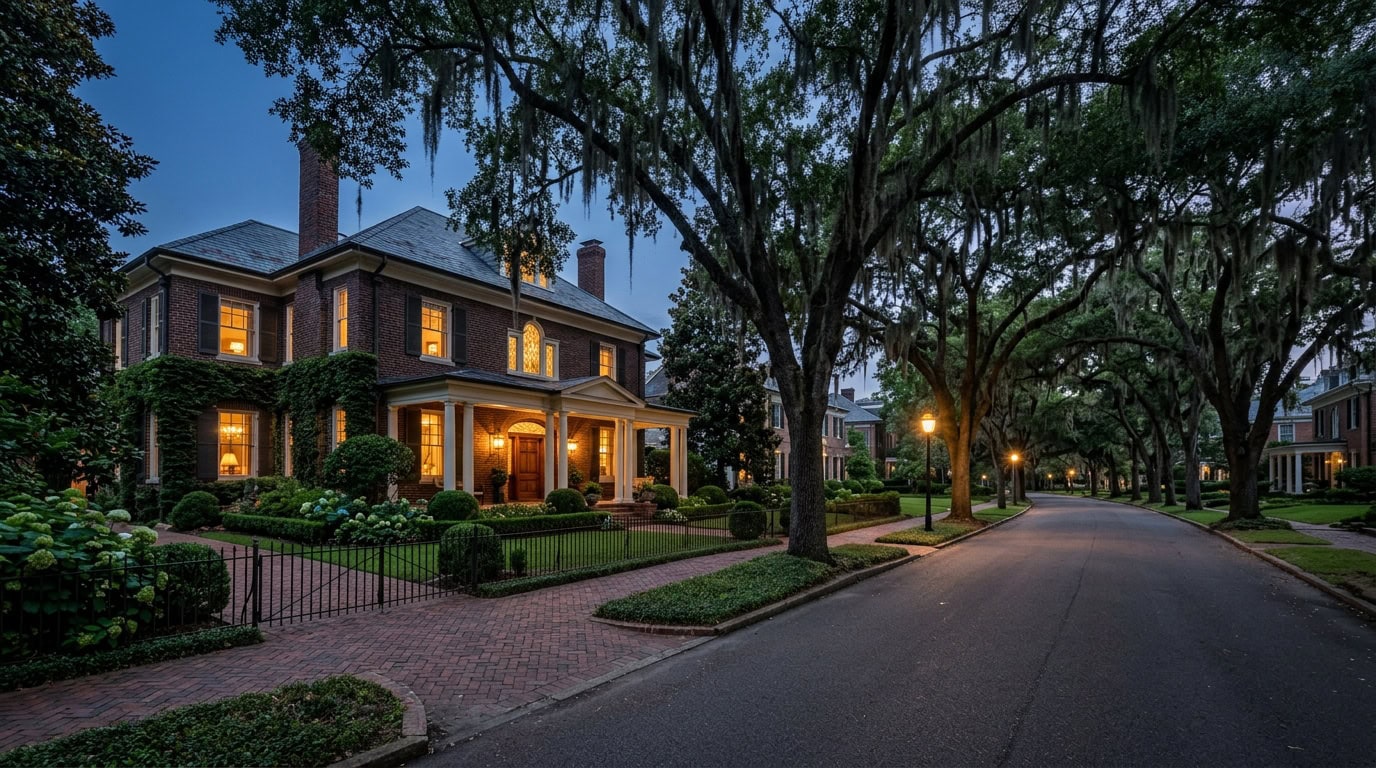 Memphis, TN — Central Gardens at twilight — Southern brick estate homes under mature live oak canopy with Spanish moss.