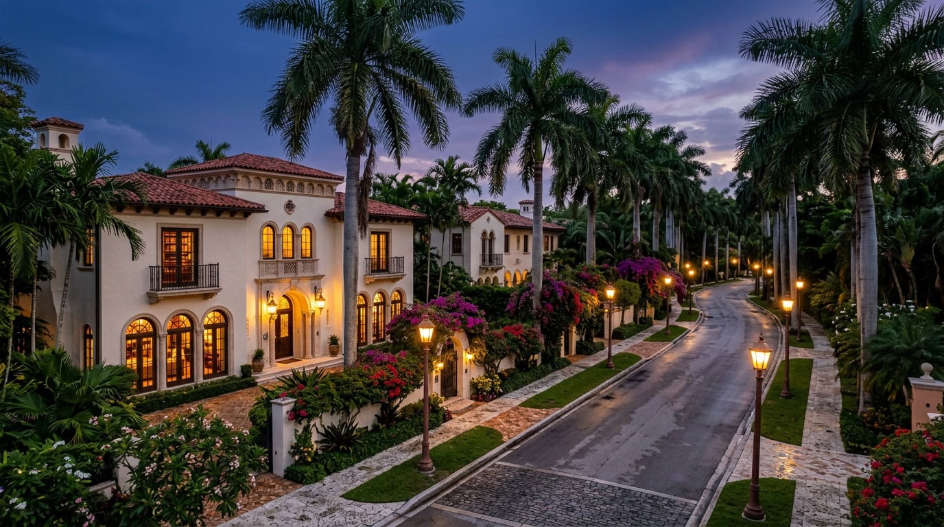 Miami, FL — Coconut Grove at twilight — Mediterranean Revival estate homes under mature royal palm and banyan canopy.