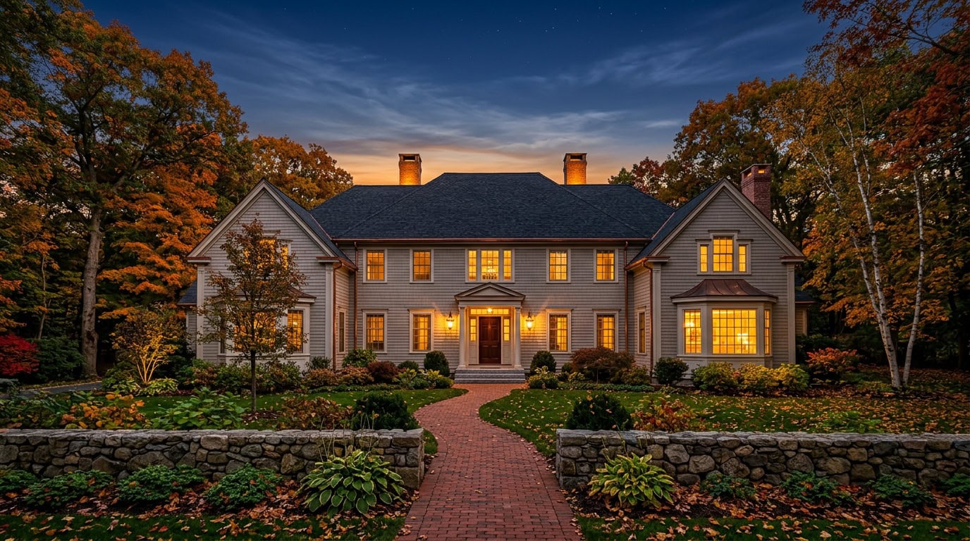 Milton, MA — Milton — Colonial Revival estate with mature New England hardwood canopy in autumn at twilight.