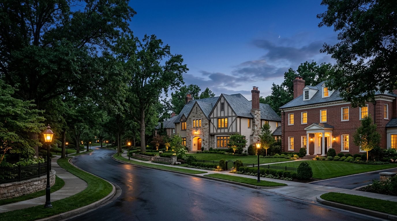 Mission Hills, KS — Mission Hills at twilight — brick Tudor and Colonial Revival estate homes with mature canopy.